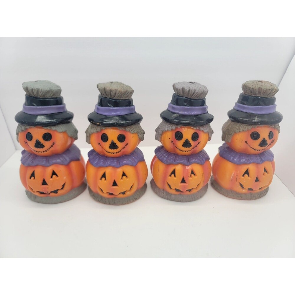 Vintage Dynagood 8" Halloween Scarecrow Pumpkin Blow Mold Light Set of 4